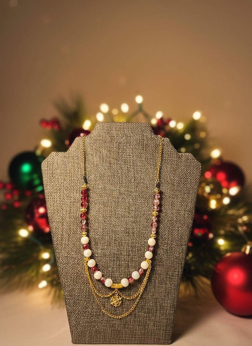 Christmas Necklace Red and Gold Snowflake