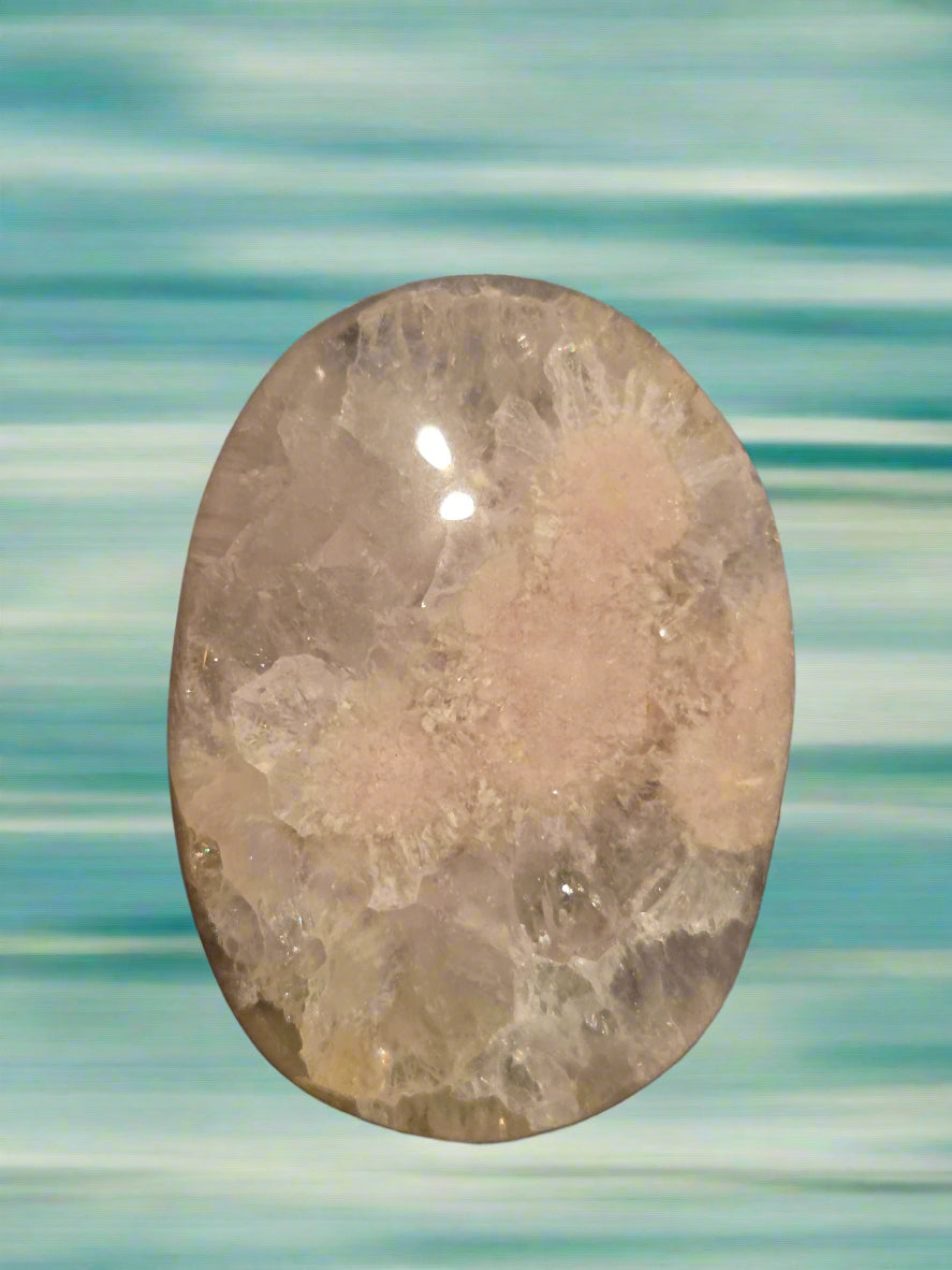 Clear Quartz with peach moon stone palm stone
