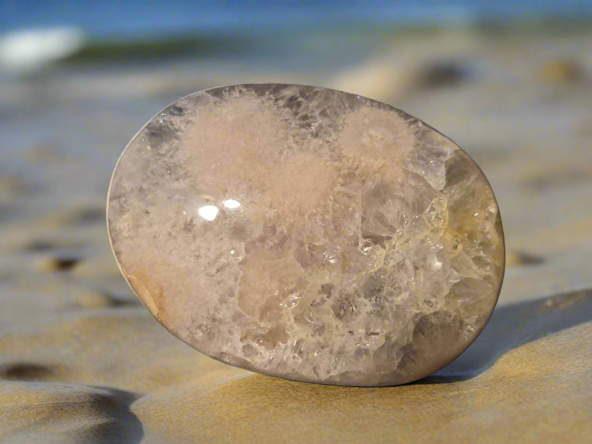 Clear Quartz with peach moon stone palm stone