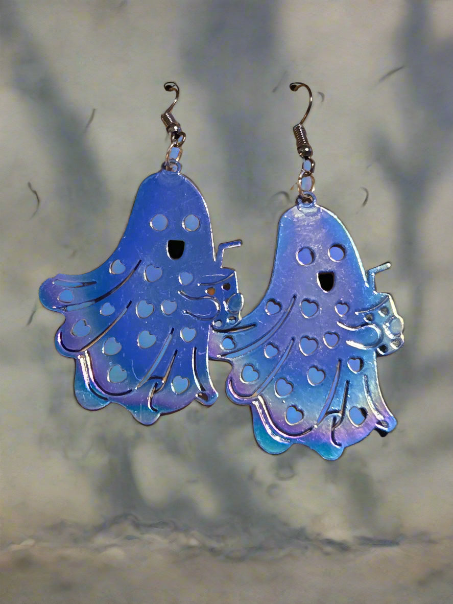 Halloween earring metal ghost with a drink