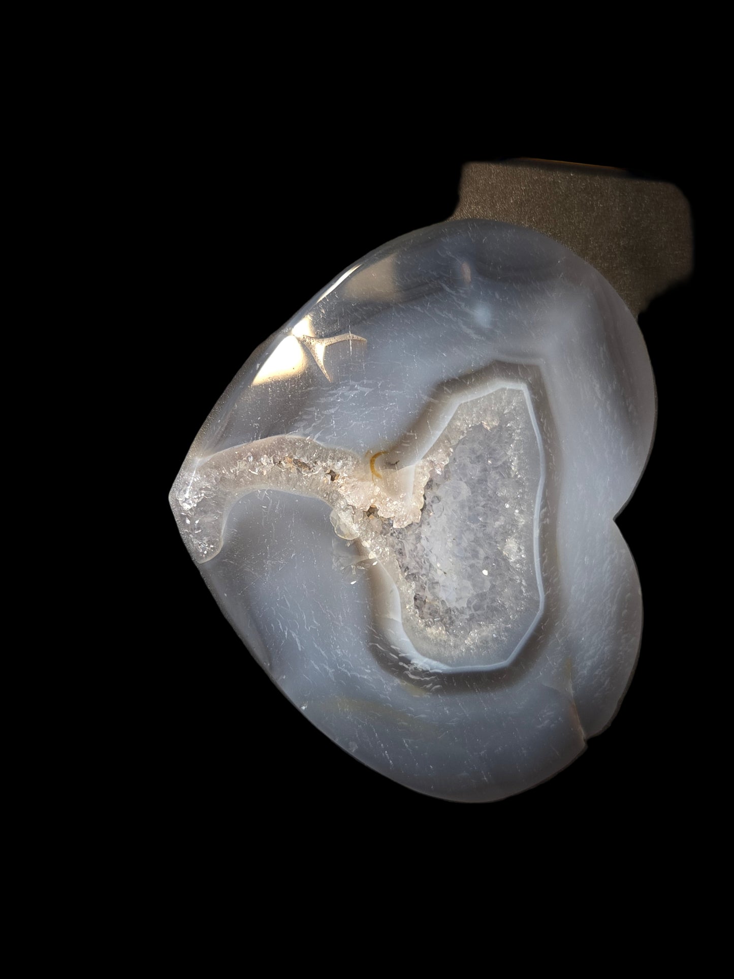 Gray agate heart slab with druzy