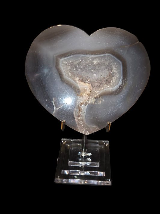Gray agate heart slab with druzy