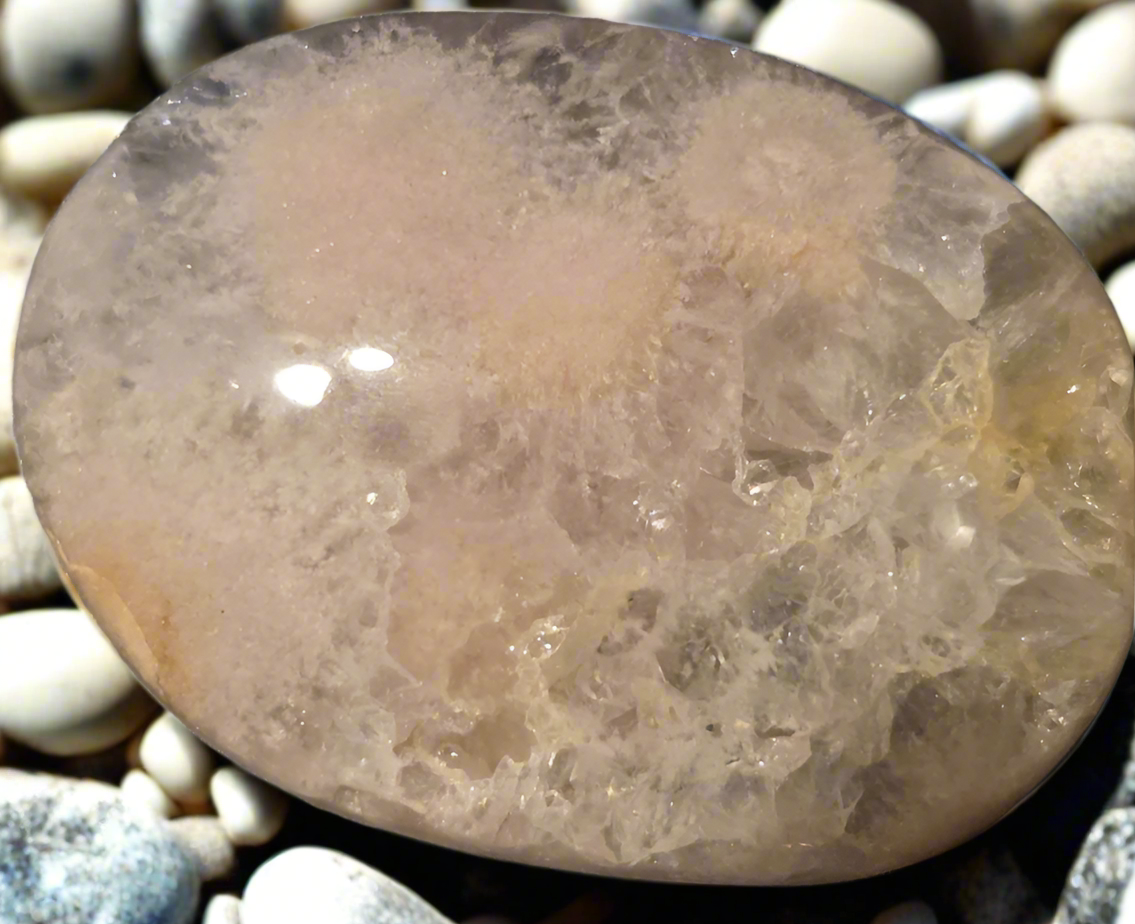 Clear Quartz with peach moon stone palm stone
